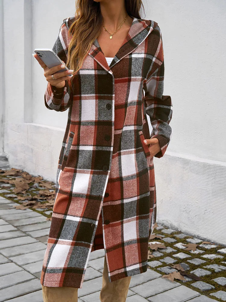 Women's Long Plaid Cardigan Coat With Hood