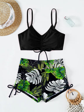 Elegant Women's Swimsuit Set with Cropped Top and High Waist Shorts