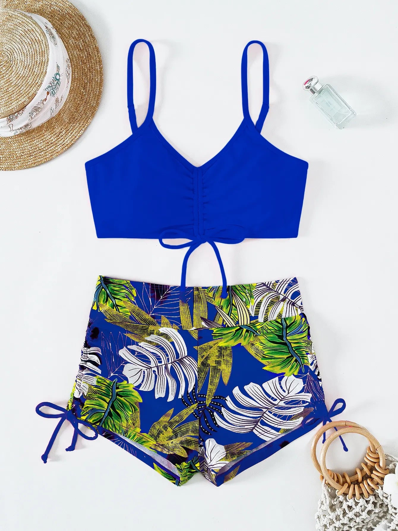 Elegant Women's Swimsuit Set with Cropped Top and High Waist Shorts