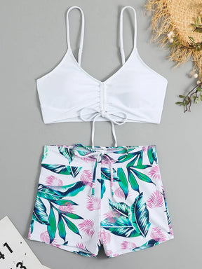 Elegant Women's Swimsuit Set with Cropped Top and High Waist Shorts
