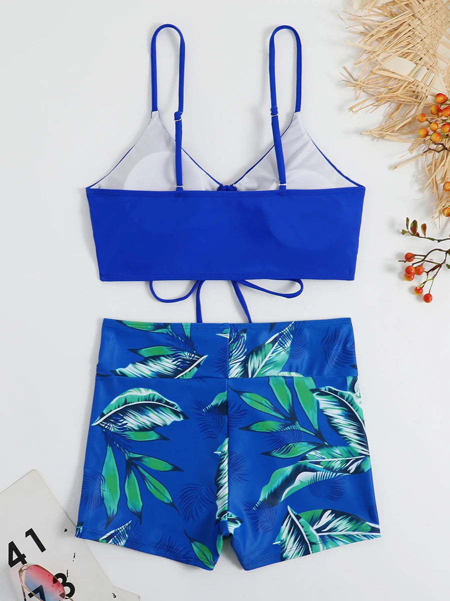 Elegant Women's Swimsuit Set with Cropped Top and High Waist Shorts