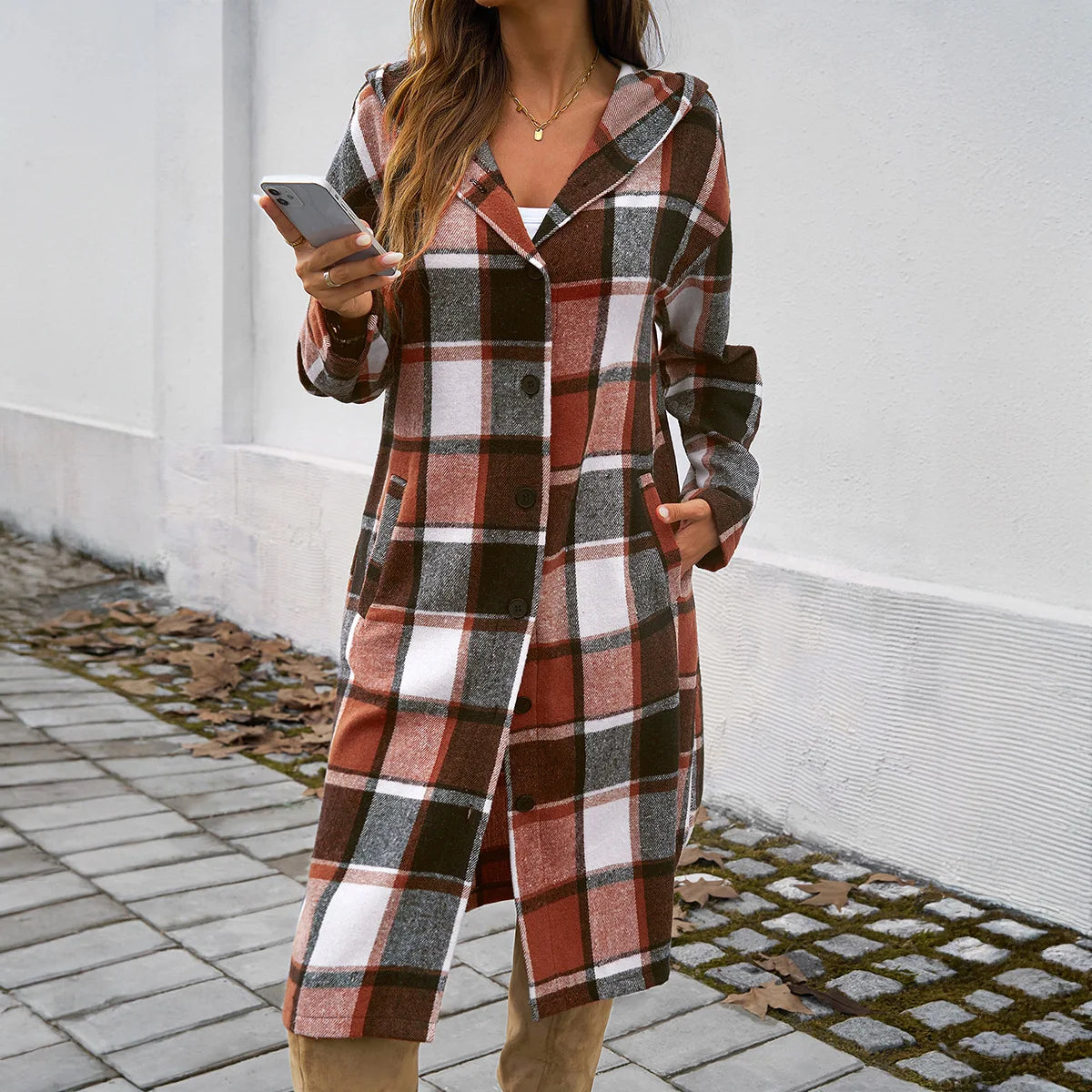 Women's Long Plaid Cardigan Coat With Hood
