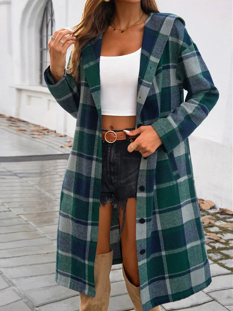 Women's Long Plaid Cardigan Coat With Hood